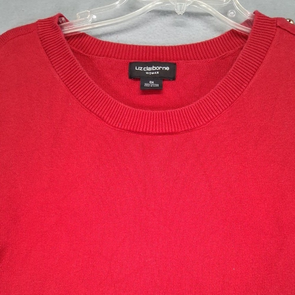 Liz Claiborne Woman Red Cotton Crew Neck Sweater‎ Gold Button Shoulder Plus 0X